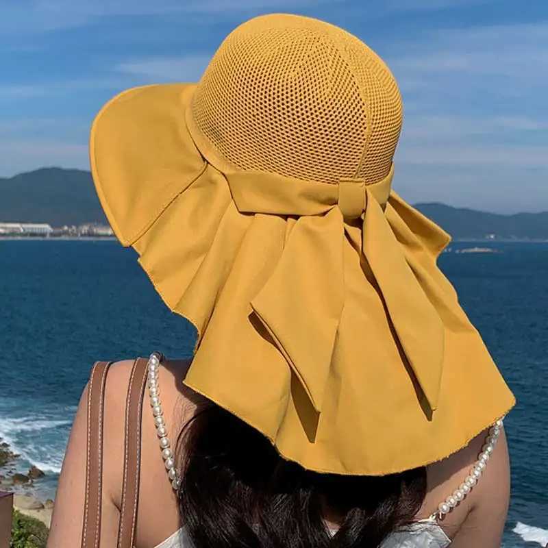 Summer womens bucket hat with shawl breathable beach sun hat large bow womens wide Brim Face Neck protective Visor hat W250217
