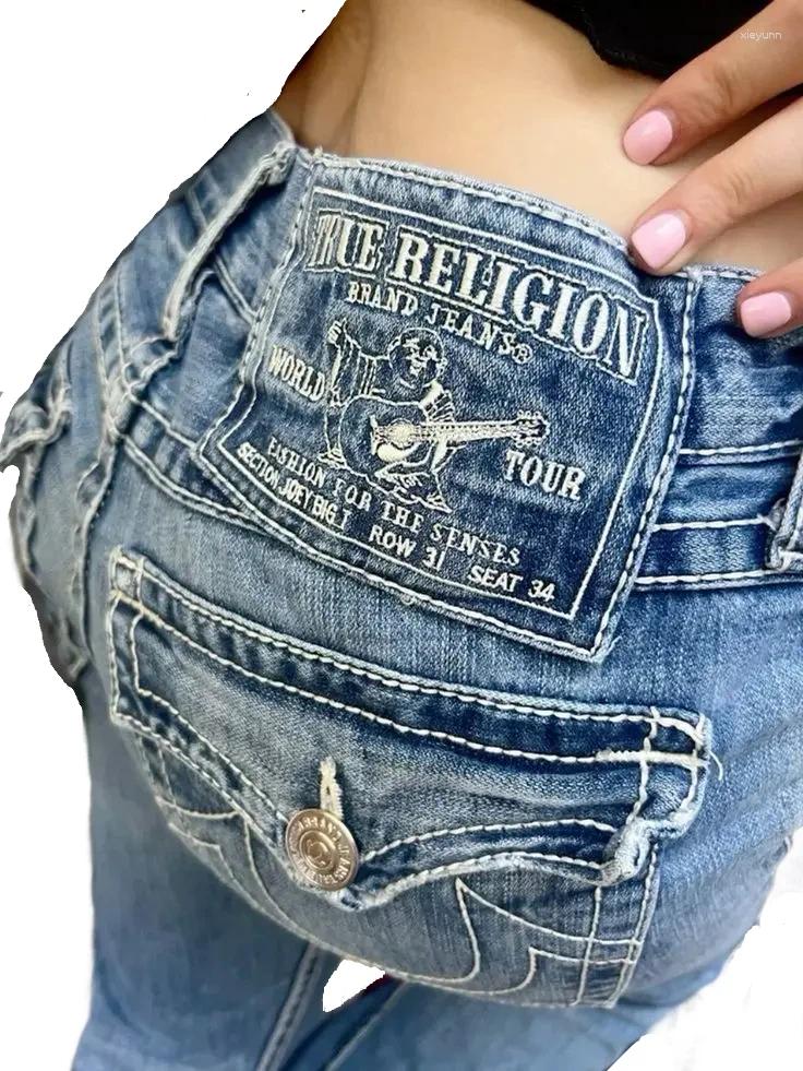 Retro Blue Baggy Jeans Y2K Womens Gothic Harajuku Hip Hop Pocket Retro Blue Jeans Fashion Casual High Waist Flared Trousers
