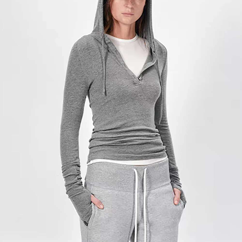 Drawstring Hooded Women's T-Shirt Y2k Ribbed Decoration Simple Slim Long Sleeve Knit Top Bottom Shirt 2025 New