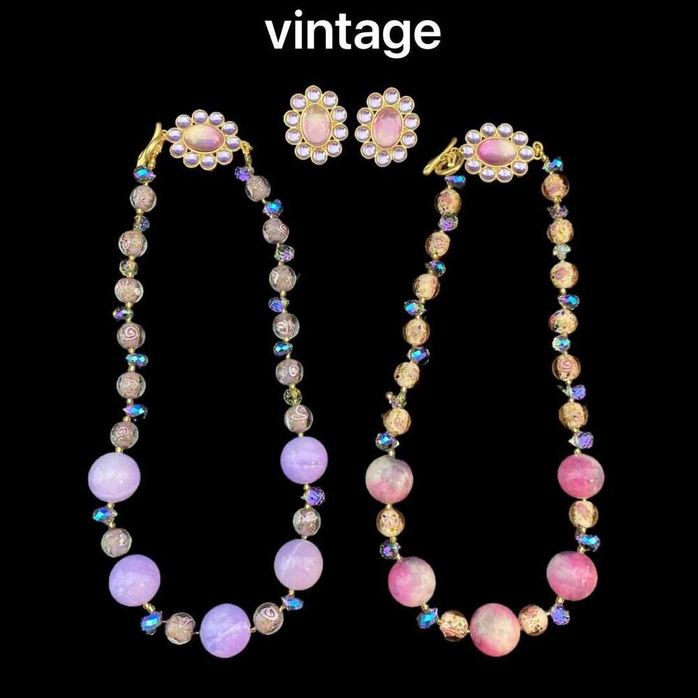 Minan vintage fresh, sweet, fashionable temperament, can be sweet or salty, age reducing pink, glass, purple necklace