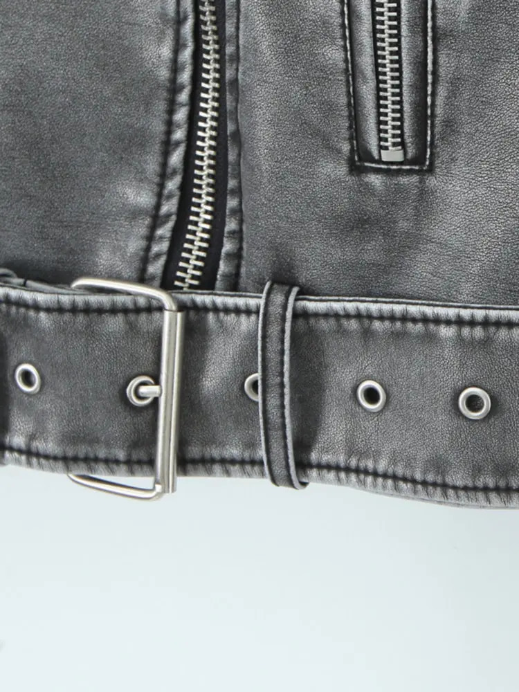 Women Autumn Winter Loose Gray PU Faux Leather Short Jackets Belt Female High Street Zipper Retro Moto Biker Coats Outwear XSXL 250211