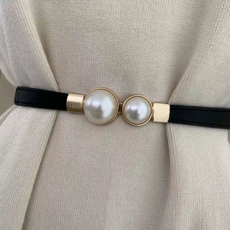 Molain 2 Pcs Elastic Stretch Belt for Women, Retro Pearl Buckle Thin Belt Cute Waist Belt for Jeans Dress Pants