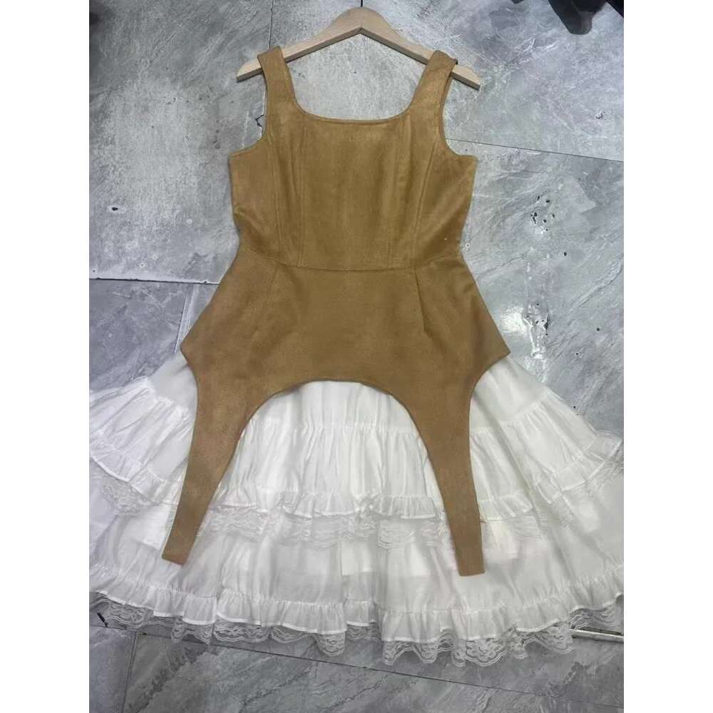 Elegant Women's Color Block Lace Ruffled Dresses Square Collar High Waist Sleeveless Slim Dress Spring 2025 New