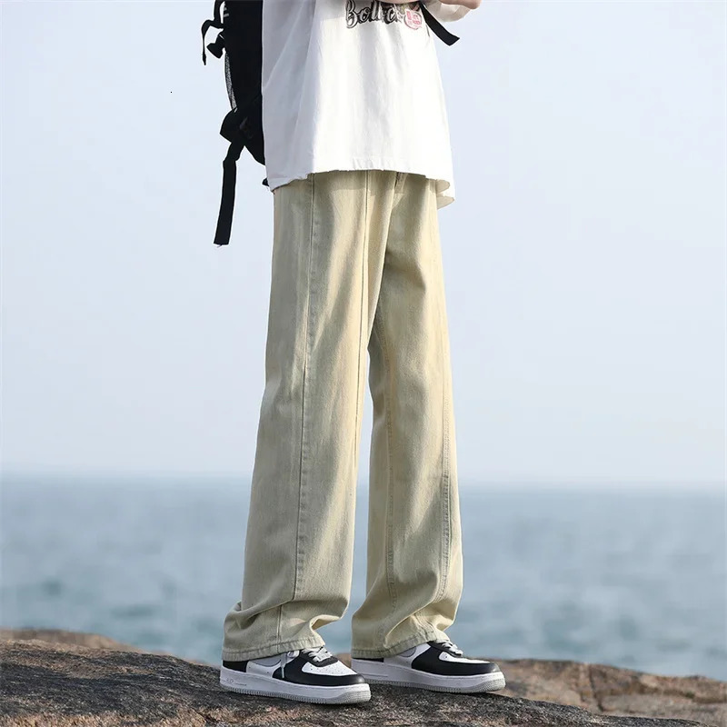 Korean Fashion Baggy Jeans For Men Classic Drawstring Straight Denim Pants Y2K Vintage Jean Streetwear Wideleg Trousers 250214
