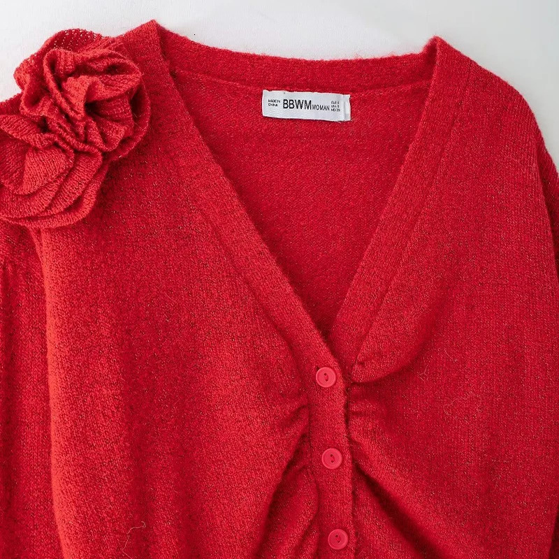 Willshela Women Fashion With Floral Red Pleated Single Breasted Knitted Sweater Vintage VNeck Long Sleeves Female Chic Outfits 250211