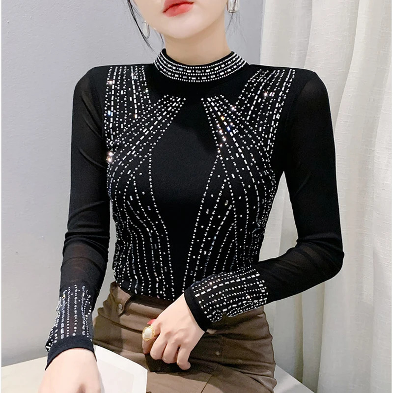 European Station Long Sleeve Women Tees Autumn Winter Stand collar Diamond T Shirt Fashion Slim Mesh Tops 250214