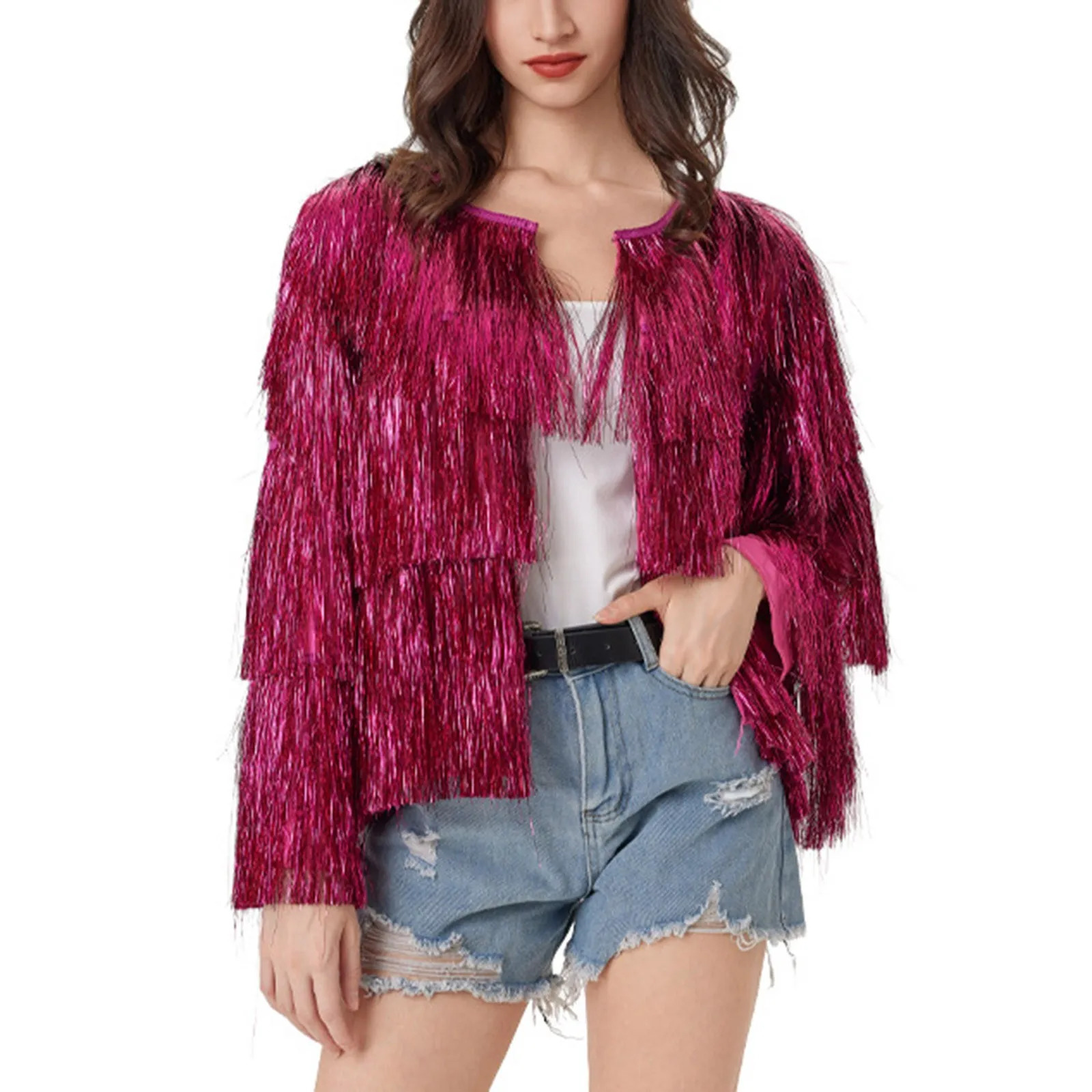 WomenS Glitter Sequin Jacket Hiphop Long Sleeve Fringe Zip Fly Club Outwear Streetwear Coats For Female 250213