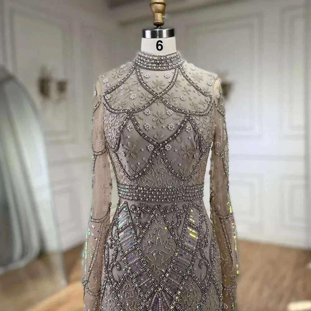 Hill Serene Muslim Grey Mermaid Elegant Cape Sleeve Beaded Dubai Long Evening Dress Women S Party Customize BLA