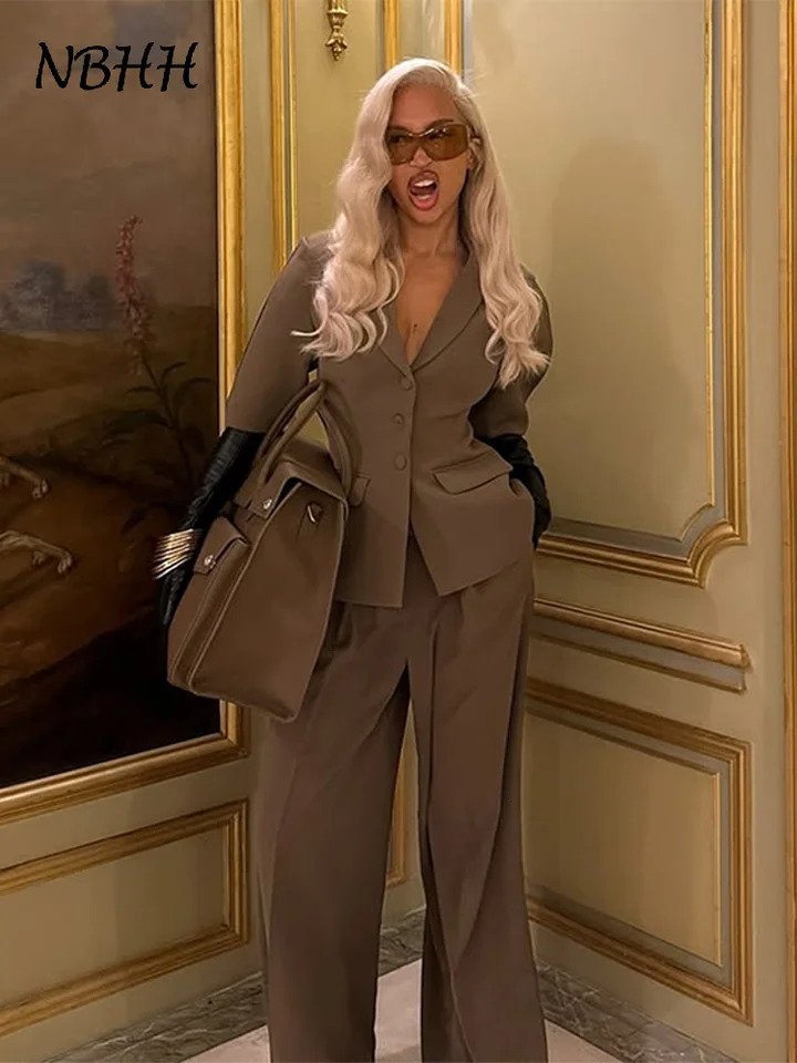 Fashion Blazer Suit Pants Sets Women Lapel Half Sleeves Single Breasted Jacket Wide Leg Trousers 2025 Spring Lady Commute Outfit 250210