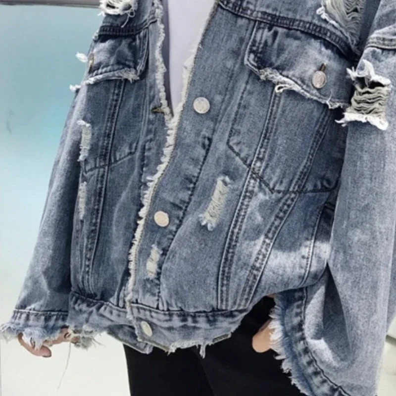 Fashion Blue Ripped Denim Jacket Y2K Distressed Streetwear Hip Hop Broken Hole Jeans Biker Jackets Mens Spring 250210