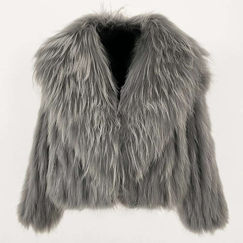 Winter Overcoat Collar Real Natural Raccoon Jacket New Fluffy Fur Knitted Coat Women Outerwear Short