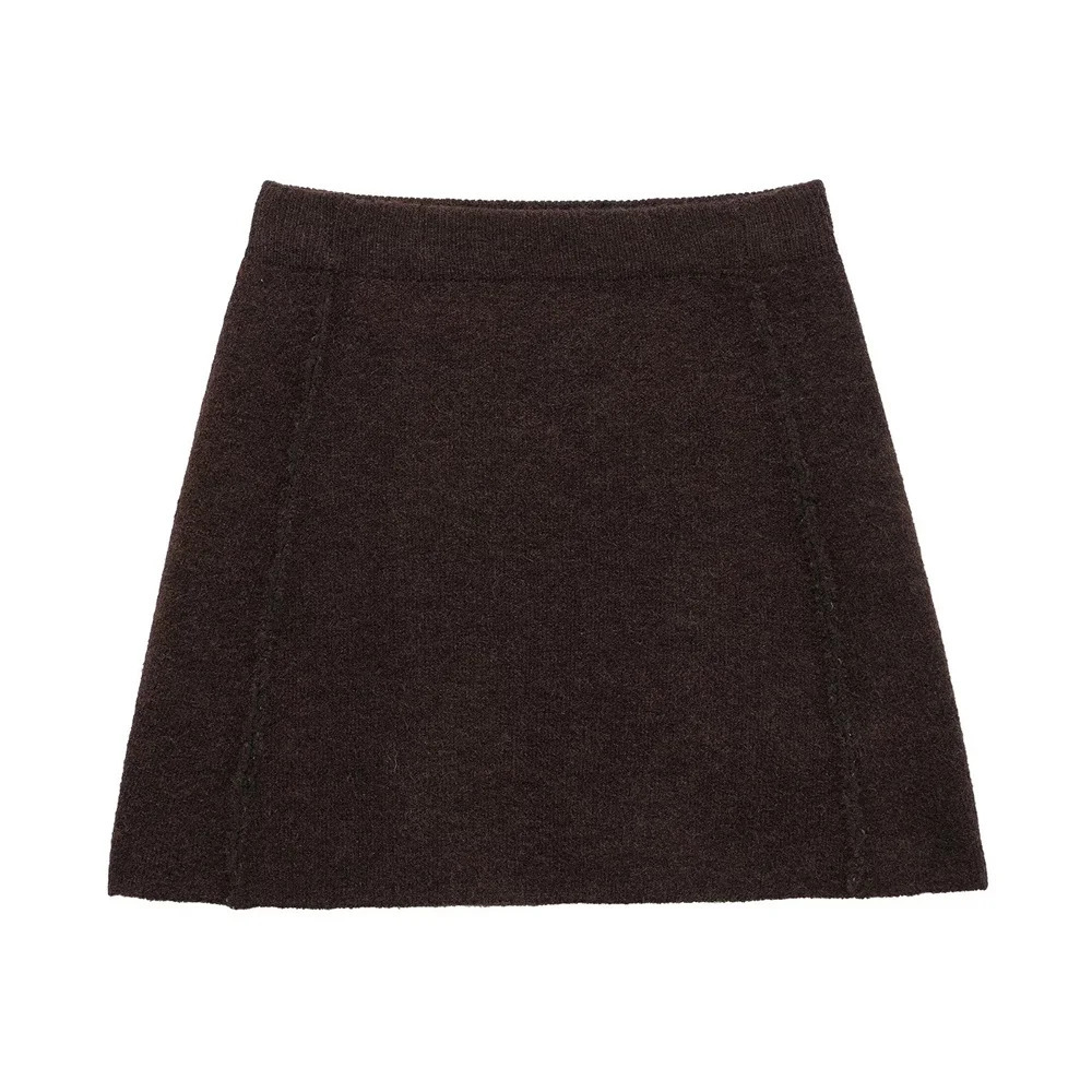 UNIZERA womens gold breasted long sleeved knitted jacket with side stitching and high waisted mini skirt set 250214