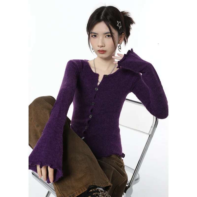 Women Purple Cardigan Sweater Short Outerwear Round Neck Fashion Vintage Leisure Lazy Winter Knitting Single Breasting Coat