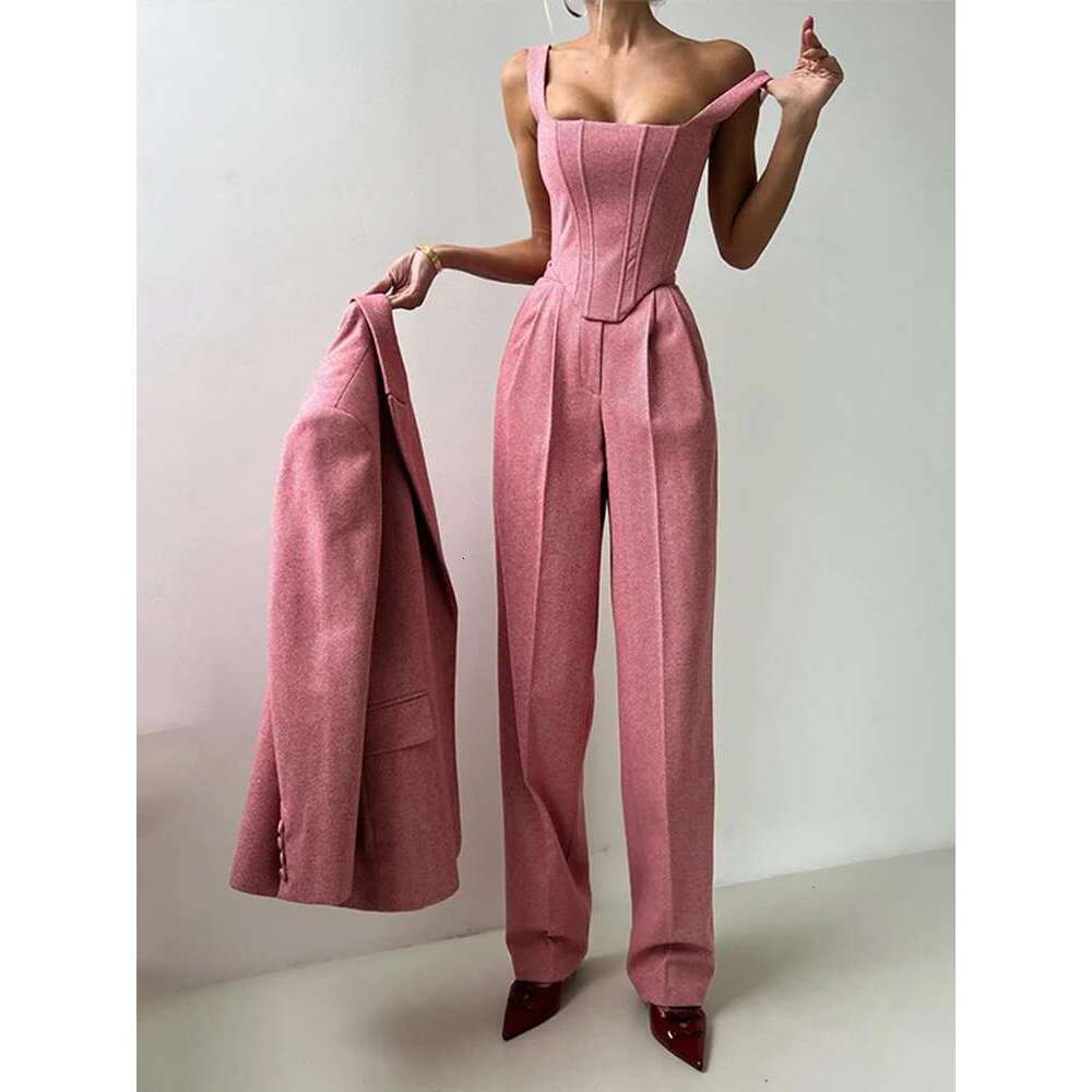 Elegant Solid Blazer Coats Pants 3 Pieces Sets Women Long Sleeve Belt Coat Fishbone Top High Waist Wide Trousers Lady Suits