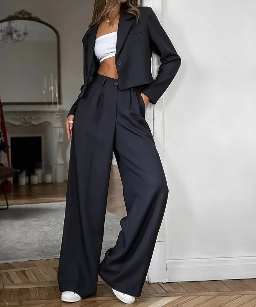 Black Collar Long Sleeved Short Suit Casual Loose High Waisted Elastic Band Long Pants Classic Professional Suit for Women 250210