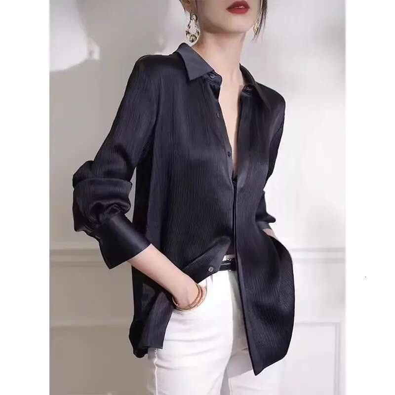 Women's Shirts Spring New Black Satin Texture Loose Long-Sleeved Blouse Elegant Office Lady Work Wear Fashion Female Clothing