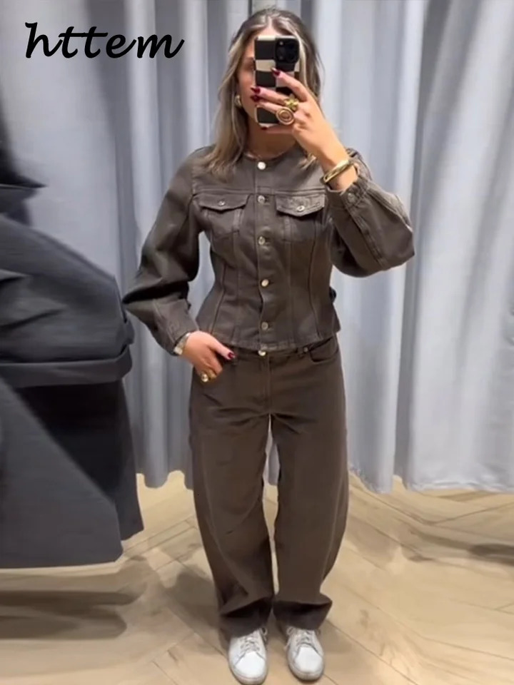 Street Denim Jacket Pants Sets Women Slim Crop O-neck Single Breasted Coat Pocket Zipped Pants 2025 Spring Lady Fashion Outfits 250210