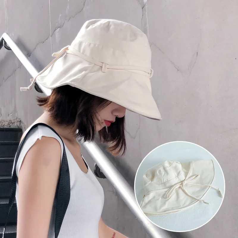 New Spring Summer Cotton Bucket Hat Womens Sweet Knot Bow Wide Brim Panama Sun Hat Outdoor Beach Tourist Fishermans Hat W250217