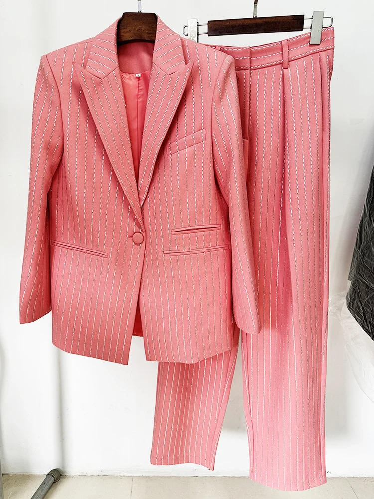 HIGH STREET est Suit Set Womens Single Button Striped Diamonds Blazer Pants Suit 2PCS 250210