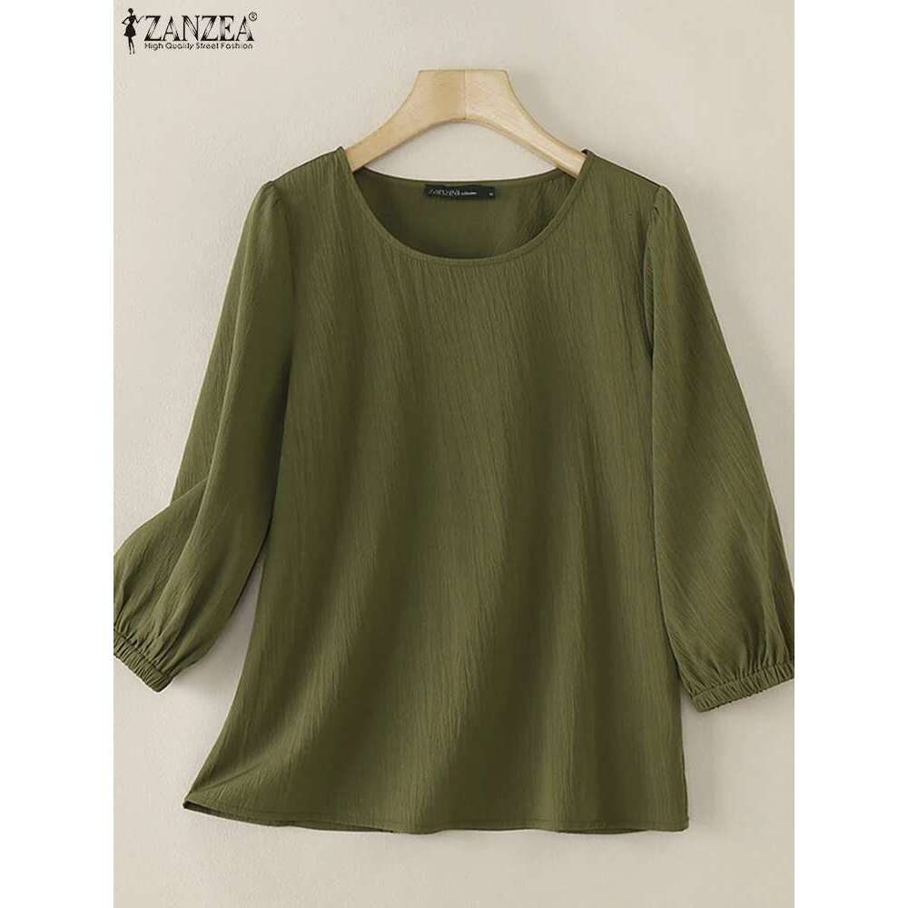 Women Elegant 3/4 Sleeve Shirt Spring Summer Blouse ZANZEA Casual O Neck Blusas Stylish Solid OL Work Tops Tunic Femininas