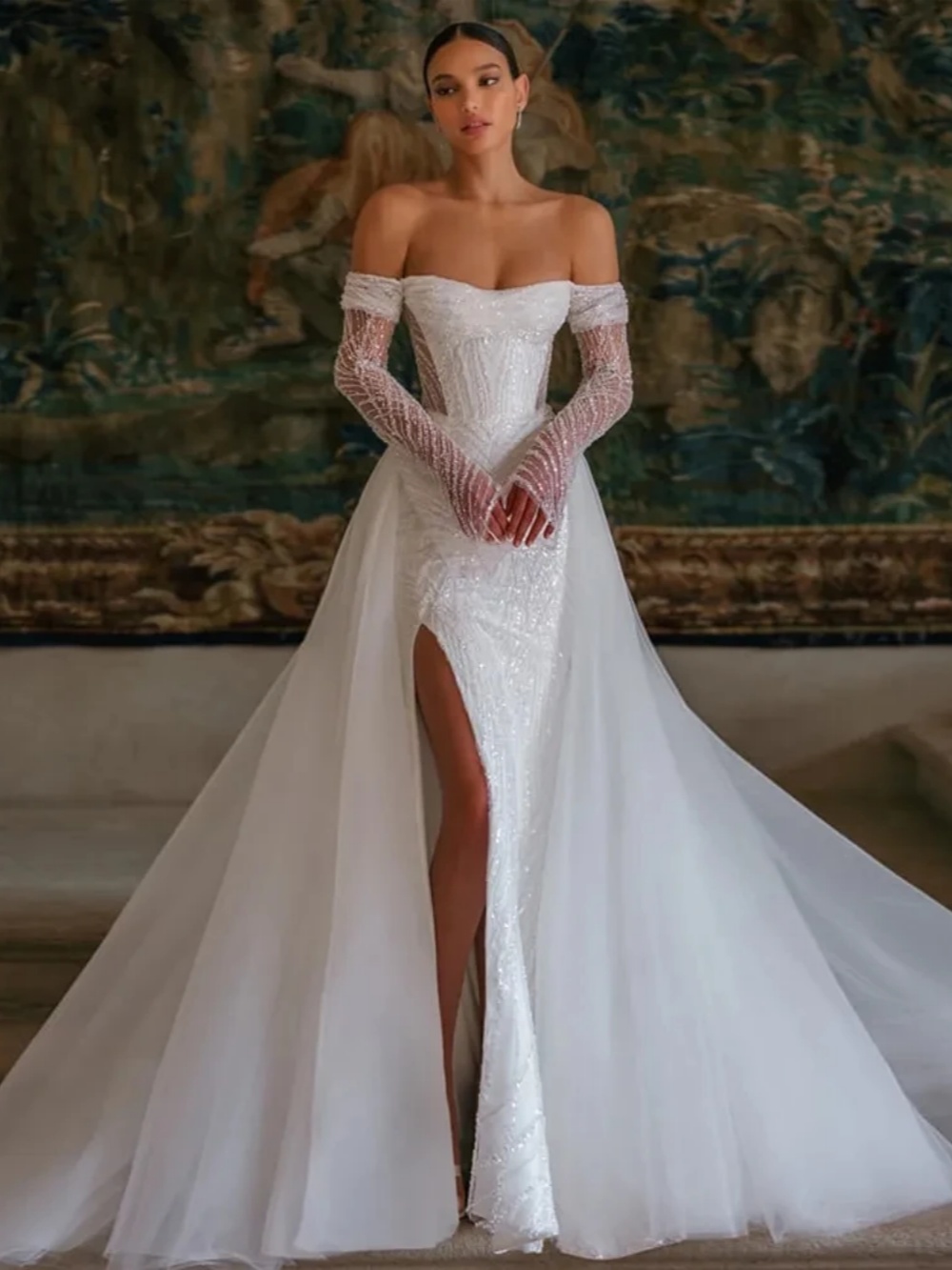 Elegant Mermaid Wedding Dress Appliques Sequins Off Shoulder Bride Gowns High Split Detachable Sweep Train Bridal Dresses Customized vestidos de novia