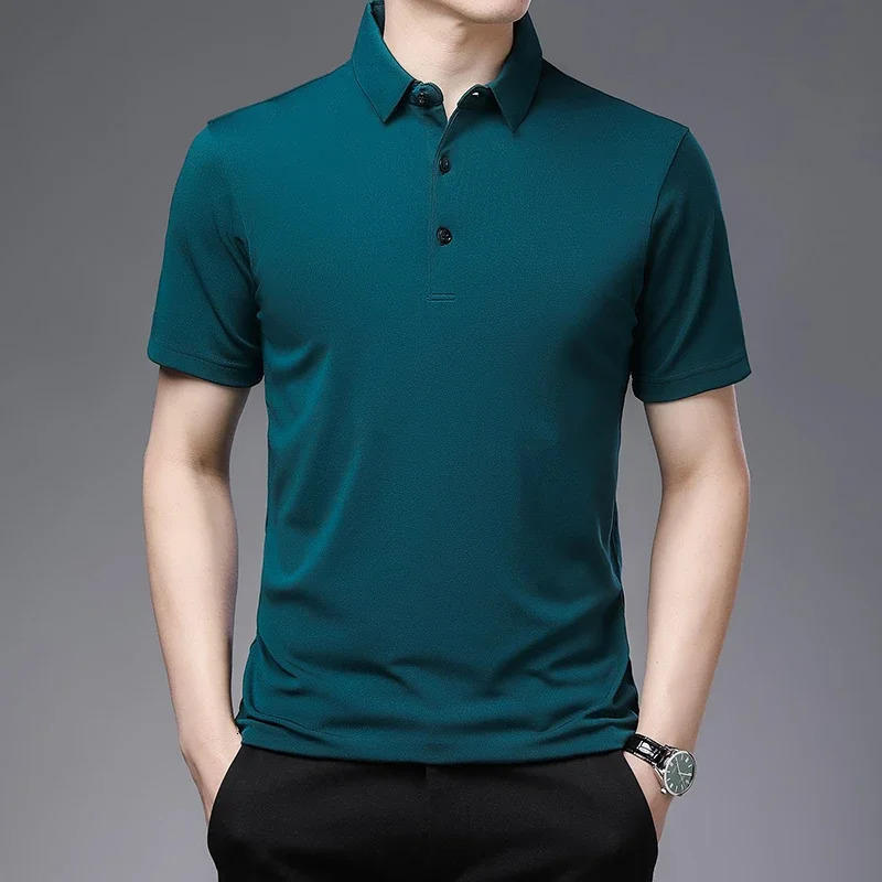 2024 mens solid color business casual polo shirt summer fashion short sleeved comfortable breathable top 250213
