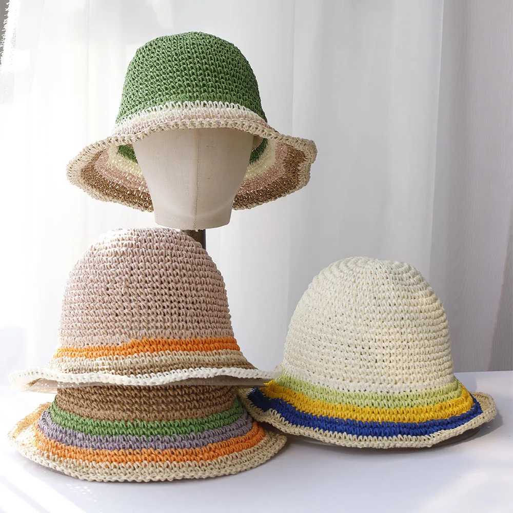 2024 new Womens Straw Hats crochet hat bucket hat UV Protection Sun Visor beach hat Women Visors rainbow Women Summer hat Cap W250217