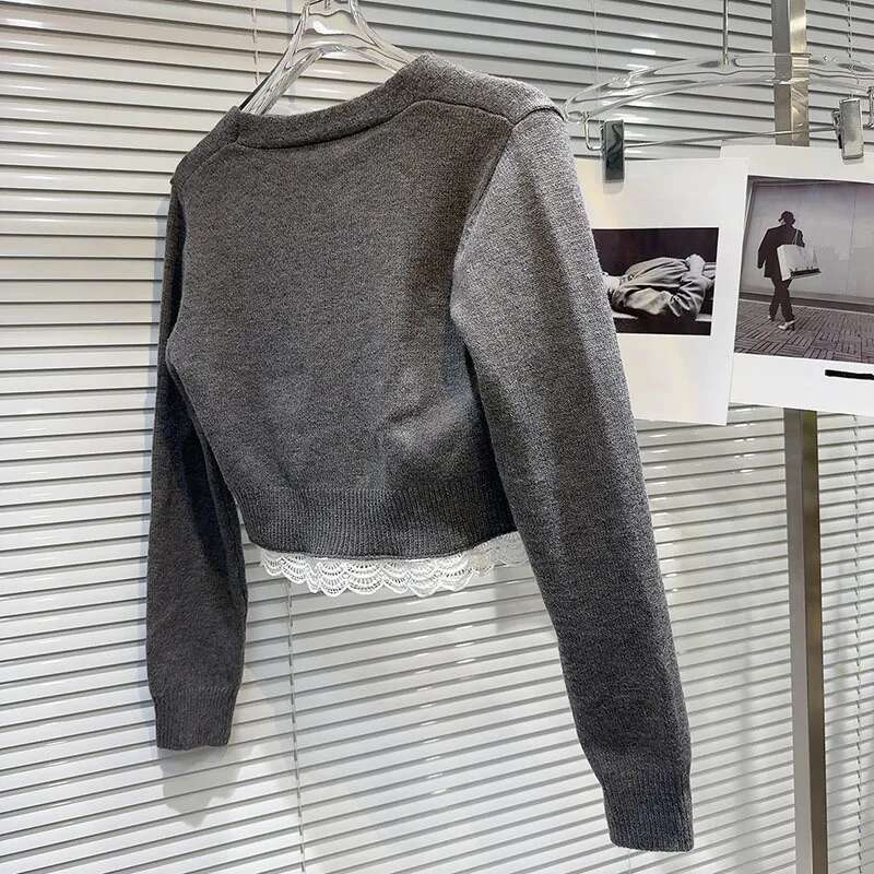 DEAT 2024 Autumn New Item Fashion Women's Two-Pieces Set Lace Patchwork Knit Cardigan Short Jacket Elastic Waist Shorts 11A0916