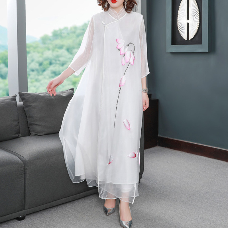 H176110 Women's Art Retro Chinese Style Dress Spring and Summer Improved Lotus Embroidery Dress 6815