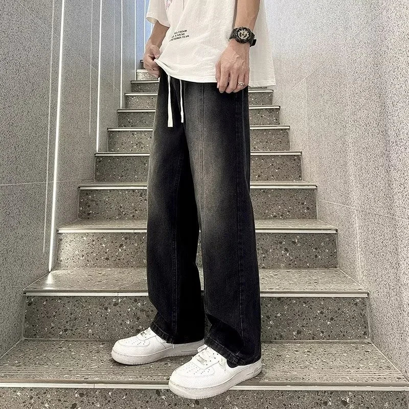 Korean Fashion Baggy Jeans For Men Classic Drawstring Straight Denim Pants Y2K Vintage Jean Streetwear Wideleg Trousers 250214