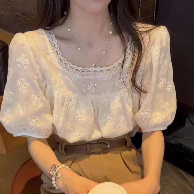 Summer Solid Color Chiffon Blouse Women Sweet Loose Square Neck Puff Short Sleeve Tops Casual Hooked Wer Hollow Apricot Shirt