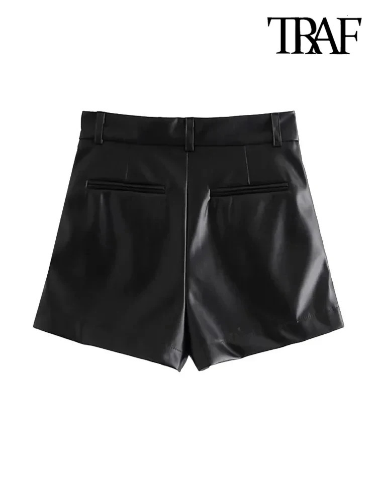 TRAFWomens Faux Leather Shorts with Side Pockets High Waist Zipper Fly Female Short Pants Chic Fashion 250213