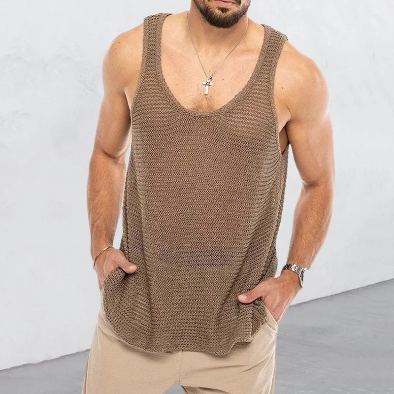 Mens tank top loose knit sports vest summer mens fashion stripe knit sleeveless Male T-shirt breathable mesh Sports Top 250214