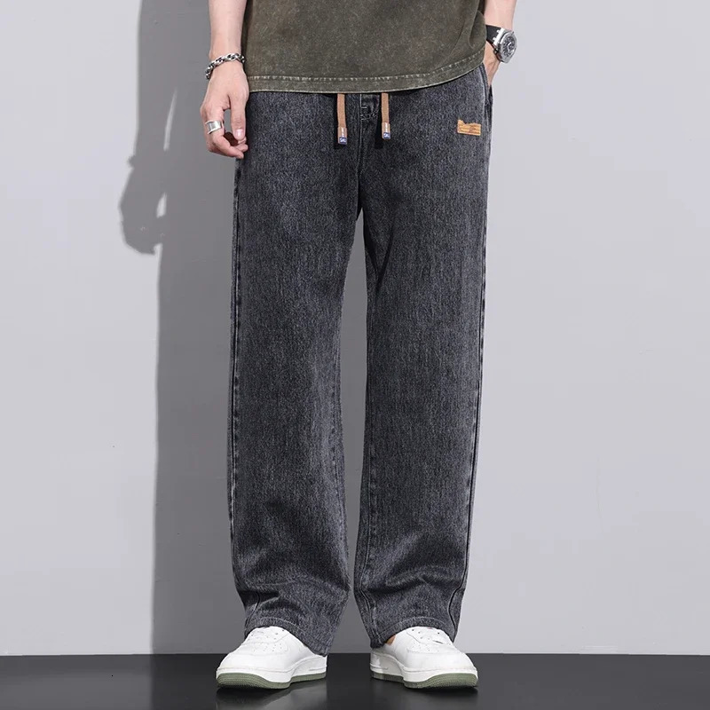Men Dark Blue Stretch Elastic Waist Denim Pants Streetwear Loose Full Length Trousers Straight Wide Leg Drawstring Jeans 250214