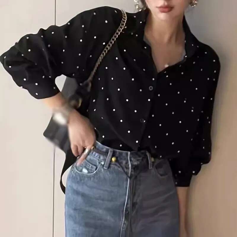 New Women Polka Dot Printed Blouse Long Sleeve Loose Turn-Down Collar Ladies Shirts Top