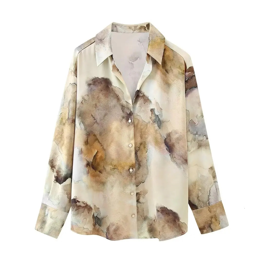 DUOPERI Women Fashion Tie Dye Printed Satin Blouse Midi Skirt Sets Chic Lady Casual and Coordinates 250214