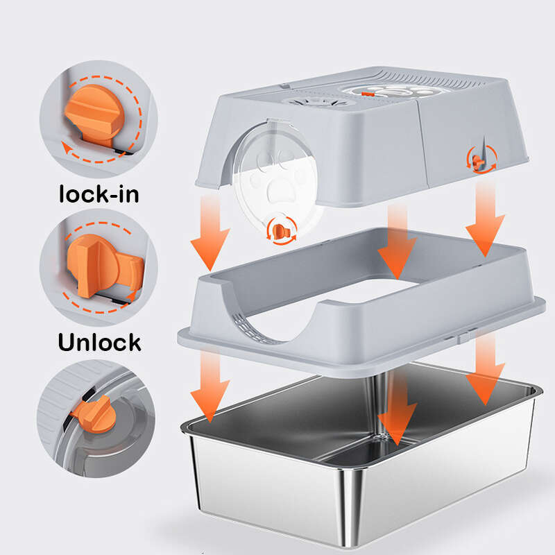 Stainless Steel Litter Box with Dog-Proof Hooded with Filter Lid & Scoop for Low Tracking Enclosed Cat Litter Boxes for Anti-Leakage Metal Litter Pan
