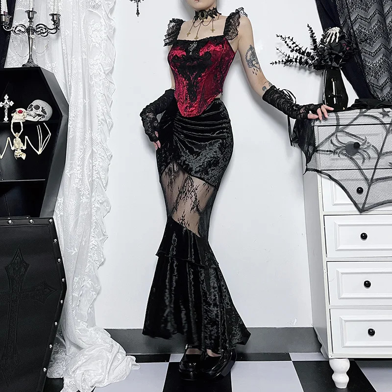 Womens Gothic Halfbody Skirt Sexy Seethrough Spice Girls Long Temperament Velvet Lace Splicing Half 250211