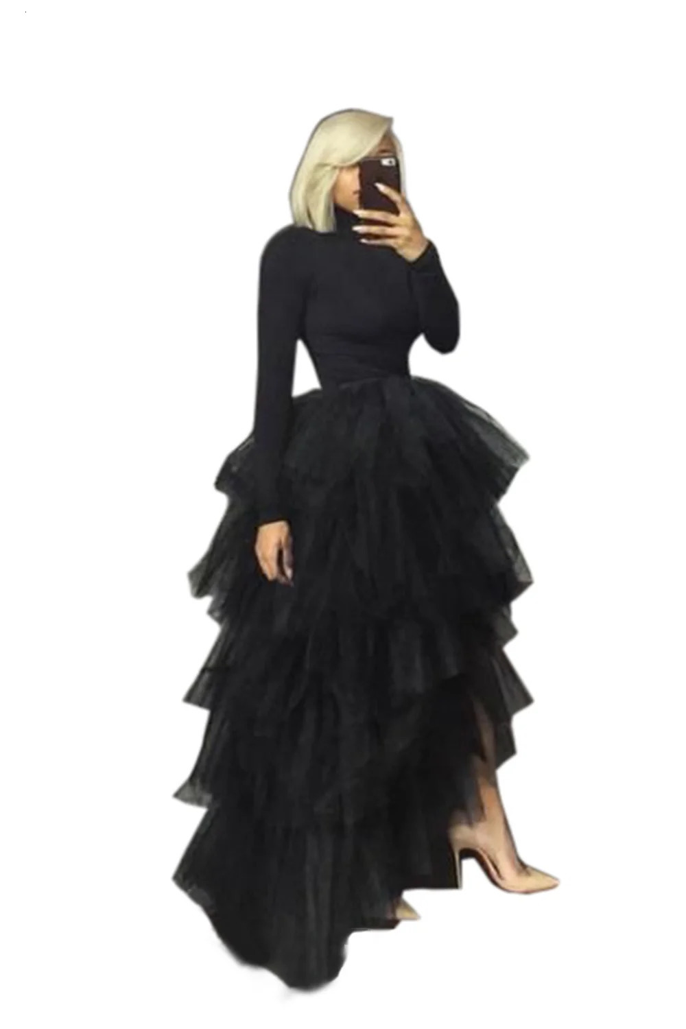 MisShow Gothic HiLo Tulle Tutu Punk Layered Ruffles Tiered Skirt Women High Low Mesh Net Costume Party Prom Pleated Dress Long 250211