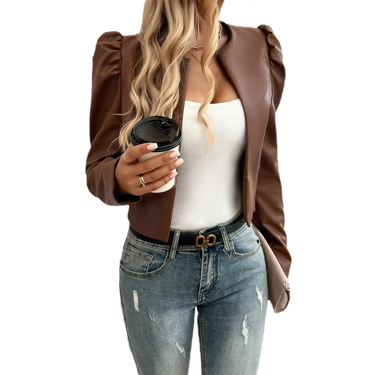 Autumn Womens Leather Jacket Female Casual Cardigan Solid Color Coats Ladys Puff Sleeve Clothing 250211