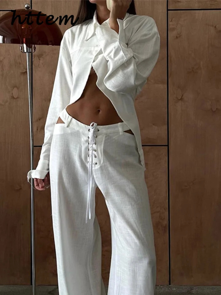 Street Crop Shirts Pants Sets Women Lapel Single-breasted Blouses Low Waist Bandage Trousers 2025 Spring Lady Chic Casual Suits 250210