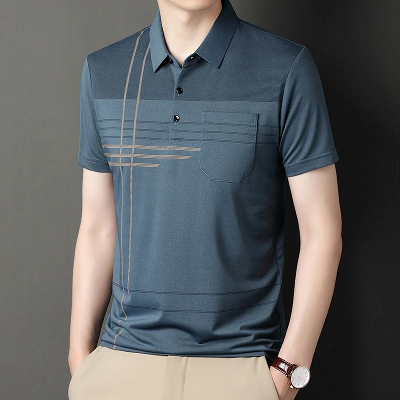 Summer Mens Color Blocking Polo Shirt Pocket Button Up Tshirt Casual Slim Fit Comfortable Short Sleeved Breathable Top 250213