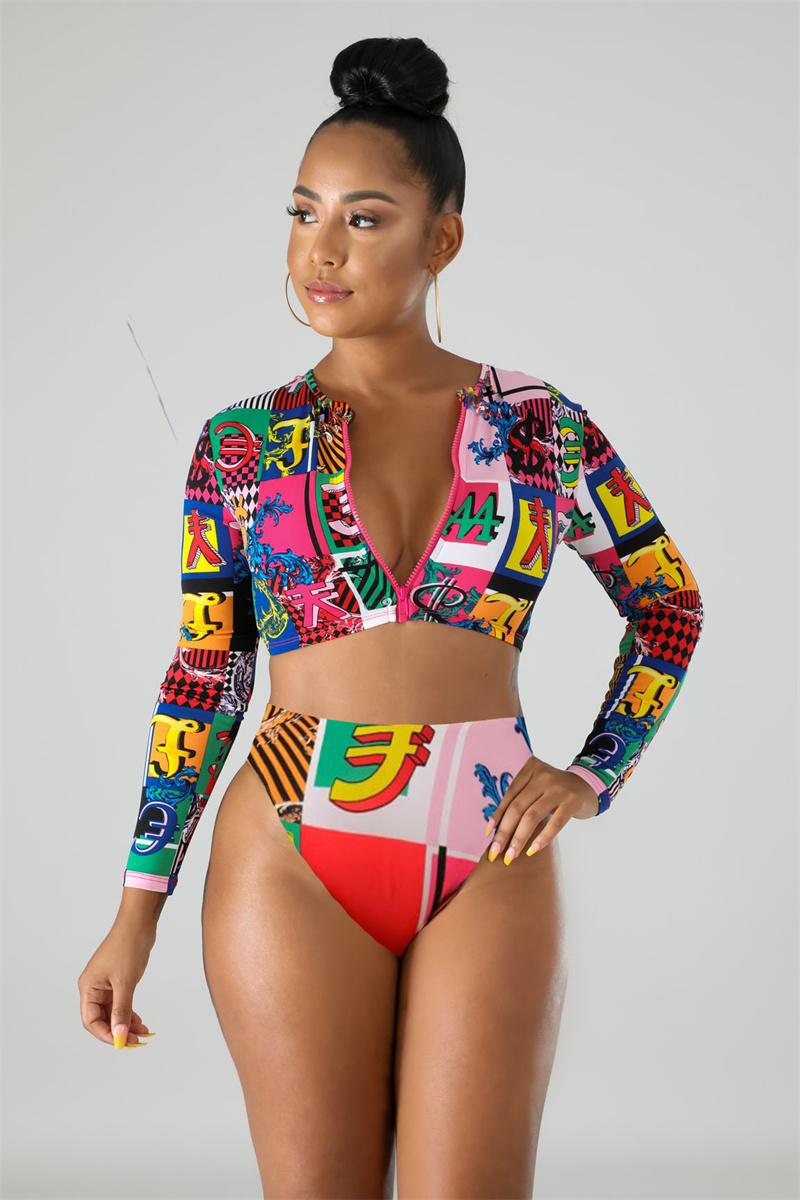 Women's Fashion Pattern Long Sleeve Tankini Sets Rash Guard Swimsuit Sun Block Swimwear