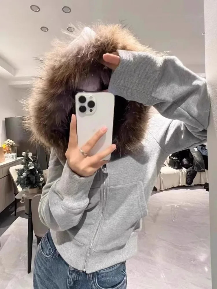 American Retro Fur Collar Hooded Zipper Sweatshirt Fashionable Street Hoodie Harajuku Style Simple 250213