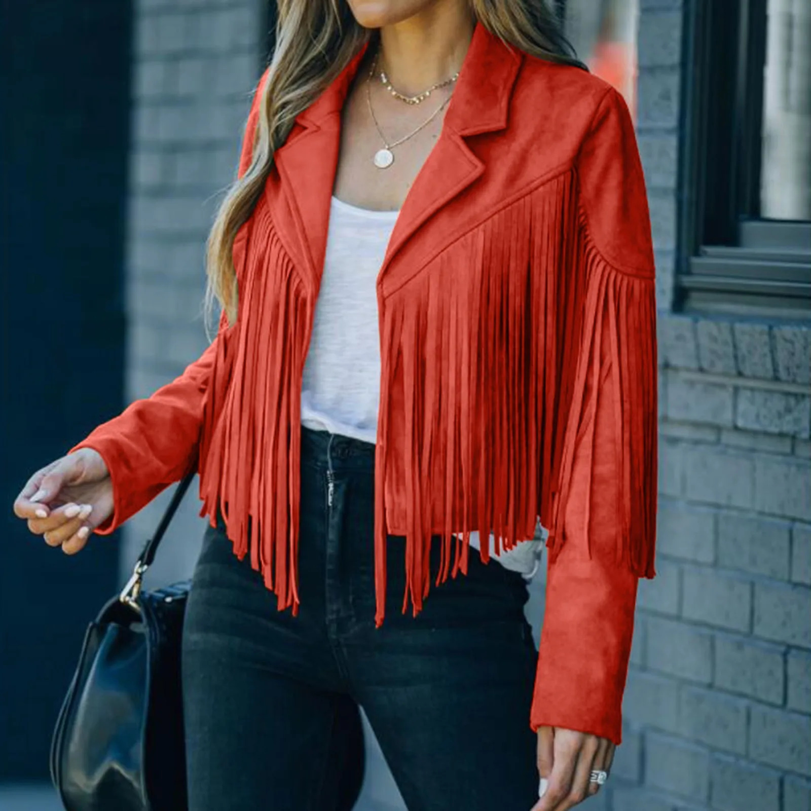 Womens Soild Short Fringe Jacket Long Sleeve Slim Tassel Lapel Coats Fashion Ladies Evening Party Cardigan Scrub Leather Jackets 250211
