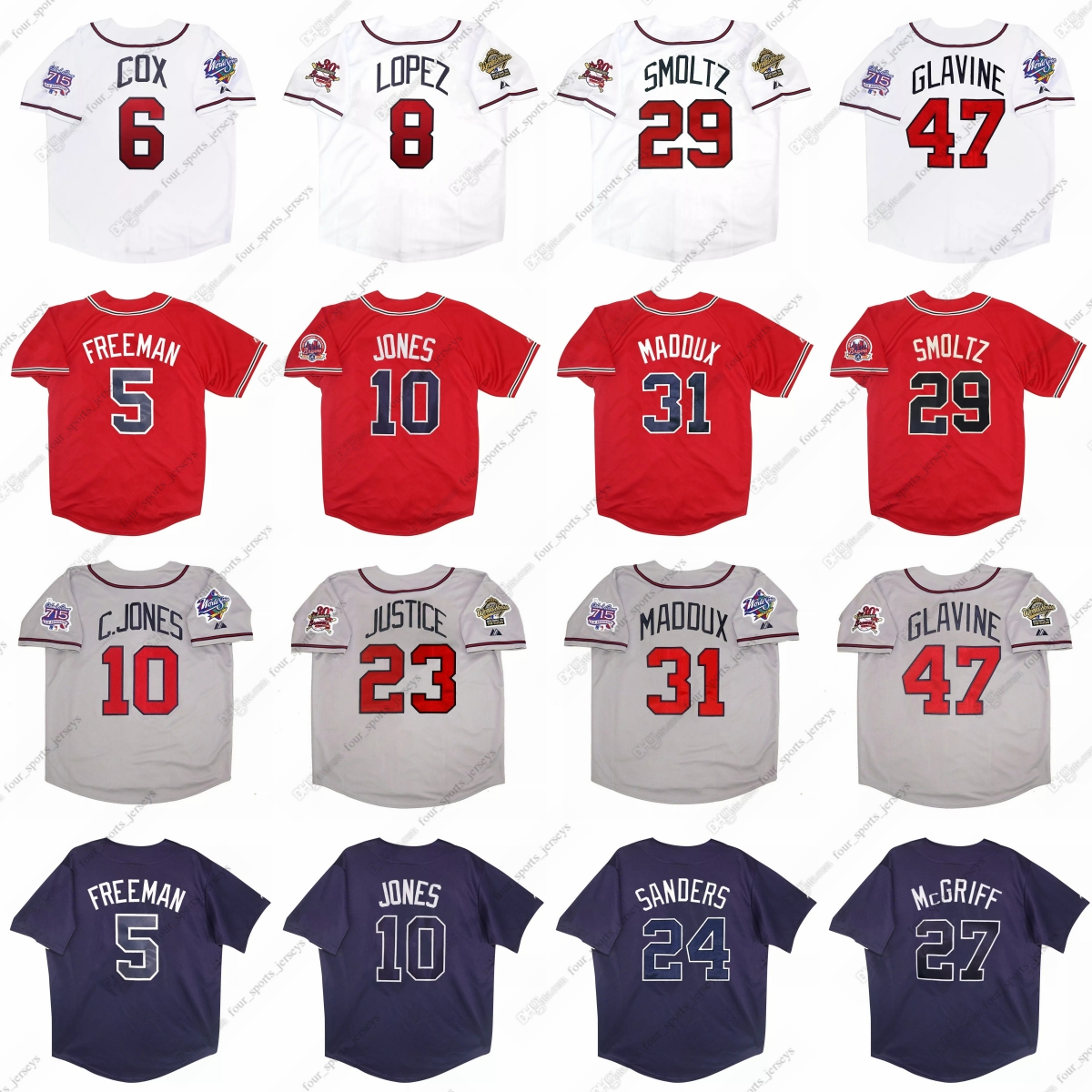 Braves baseball jersey 3 Dale Murphy 5 Freddie Freeman 6 Bobby Cox 7 Dansby Swanson 8 Javy Lopez 10 Chipper Jones 18 Ryan Klesko 23 David Justice 24 Deion Sanders