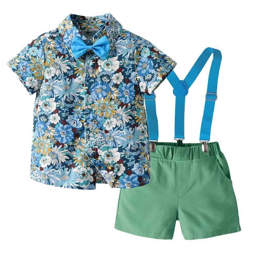 Boys Summer Suit Printed Flower Short-sleeved Shirt and Strap Shorts with Bow Tie Pure Cotton 2-8 Years-old Boy 70-130cm W250218
