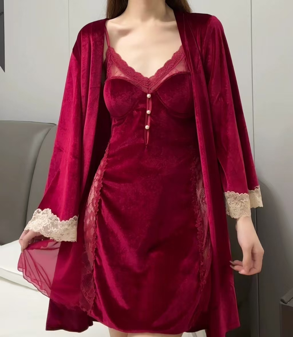 X202 Autumn and winter pure desire style sexy nightdress velvet suspender skirt outer robe