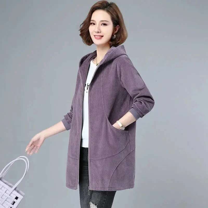 Spring Autumn 2024 New Thin Corduroy Coat 5Xl Women's Medium Long Hooded Jacket Loose Casual Female Zipper Windbreaker Overcoat