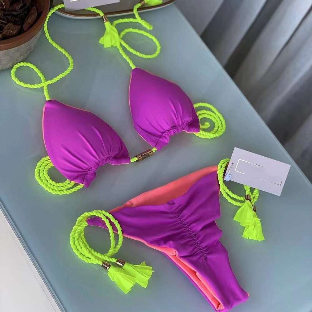 2025 New Sexy Contrast Colored Woven High Waist Split Women's Swimsuit Bikini Underwears Woman Sexy Maillot De Bain Designer Swim New Arrival New